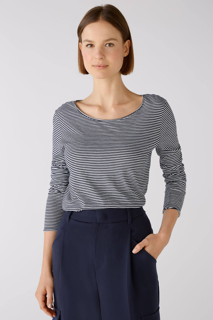 Oui 79064 Navy White Stripe Wide Neck Long Sleeve Top - Olivia Grace Fashion