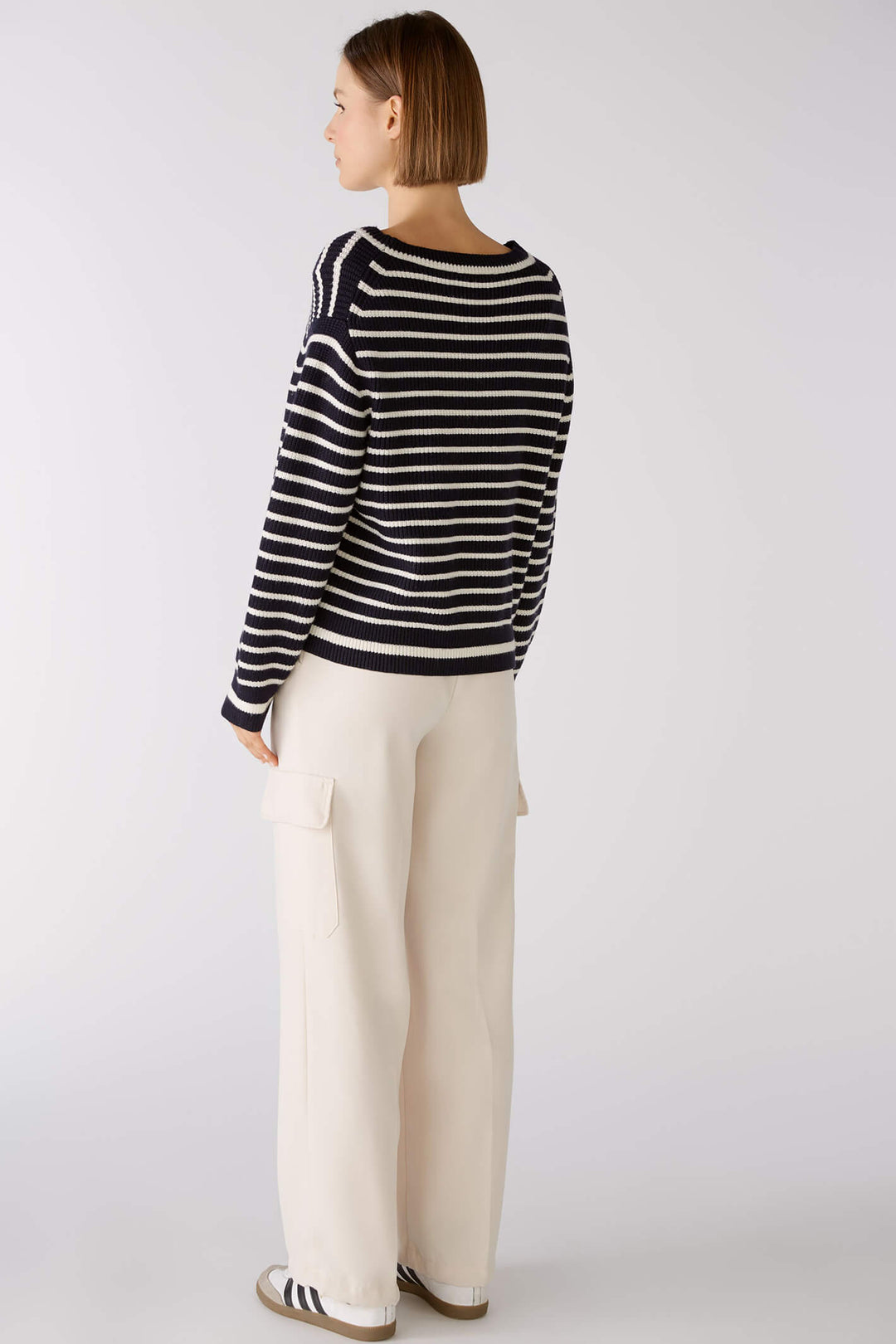 Oui 79277 Navy White Stripe Wide Neck Jumper - Olivia Grace Fashion