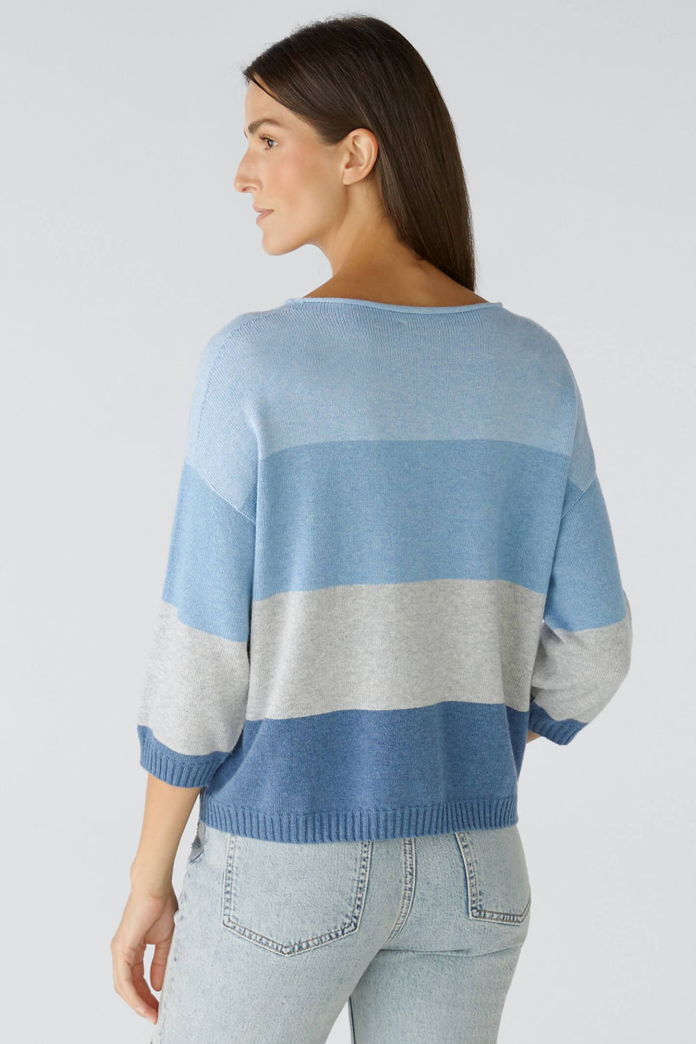 Oui 79351 Light Blue Grey Wide Neck Striped Jumper - Olivia Grace Fashion