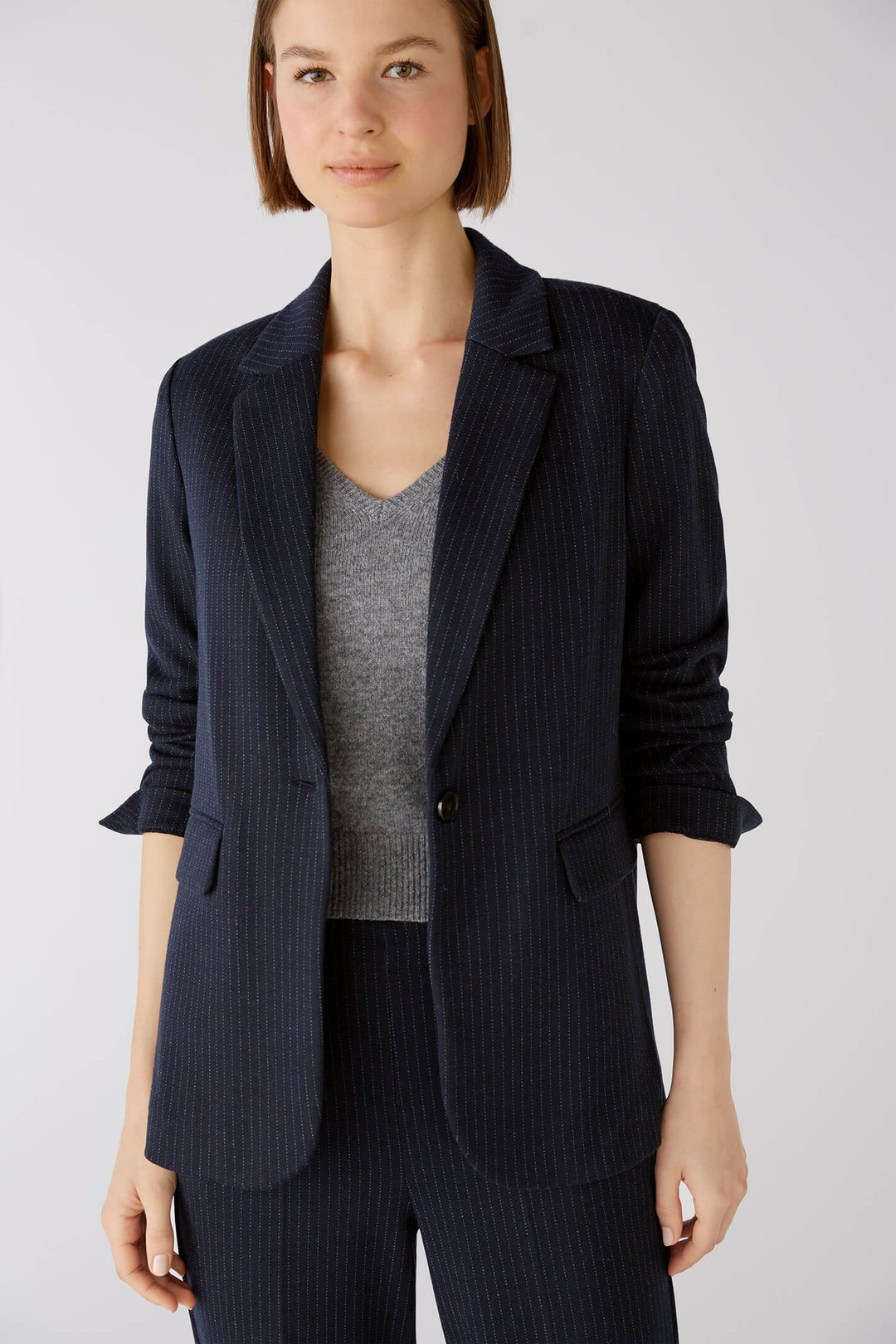 Oui 79453 Navy Pinstripe One Button Blazer Jacket - Olivia Grace Fashion
