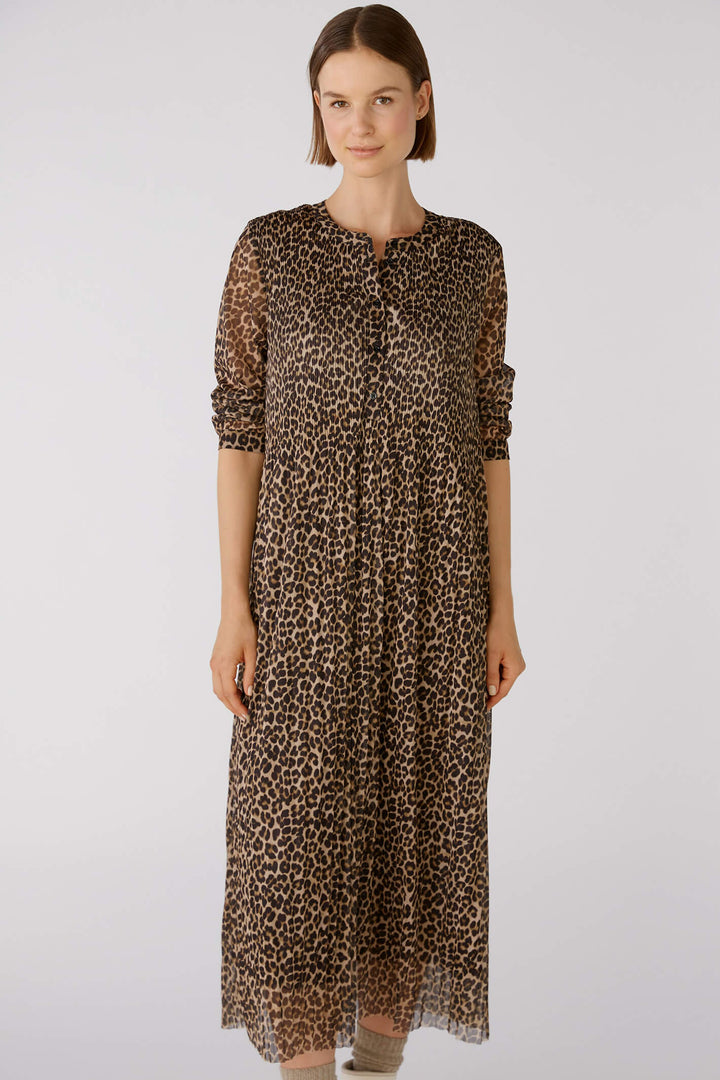 Oui 80154 Dark Camel Grey Animal Print Pleat Dress - Olivia Grace Fashion