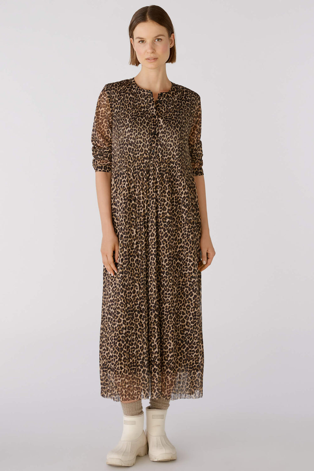 Oui 80154 Dark Camel Grey Animal Print Pleat Dress - Olivia Grace Fashion