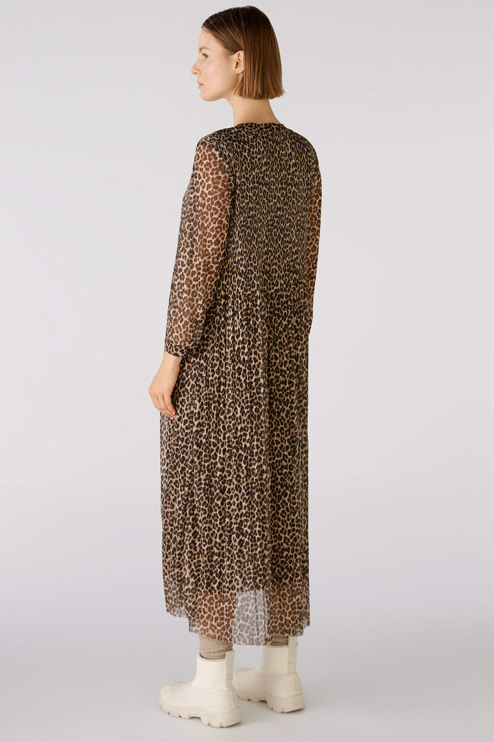 Oui 80154 Dark Camel Grey Animal Print Pleat Dress - Olivia Grace Fashion