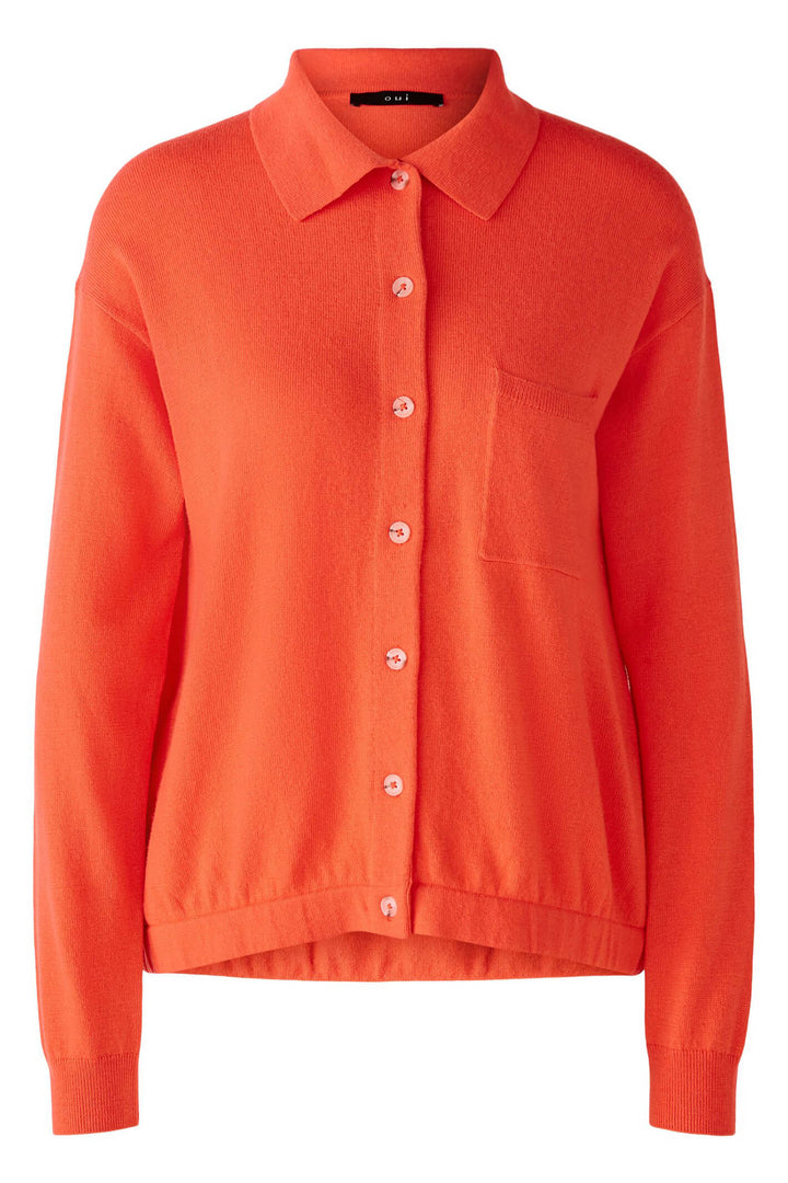 Oui 85768 Hot Coral Button Front Collared Cardigan - Olivia Grace Fashion