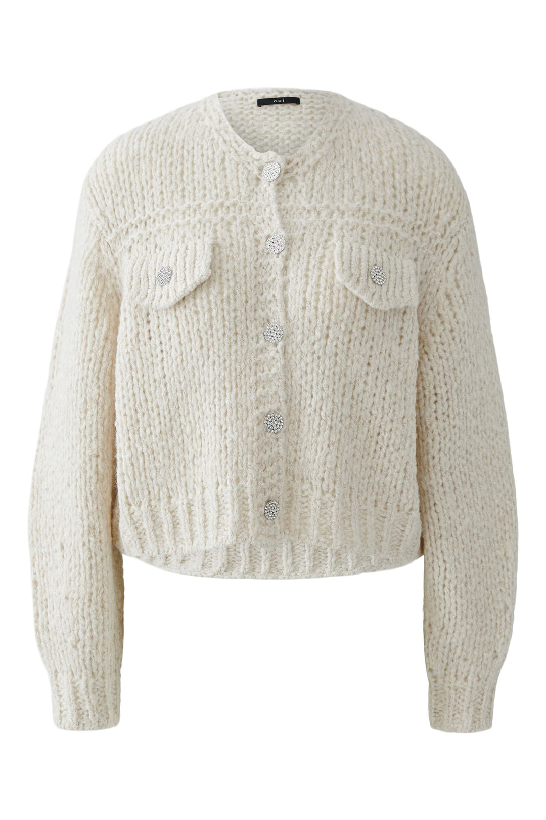 Knitted cardigan with two front pockets on a white background