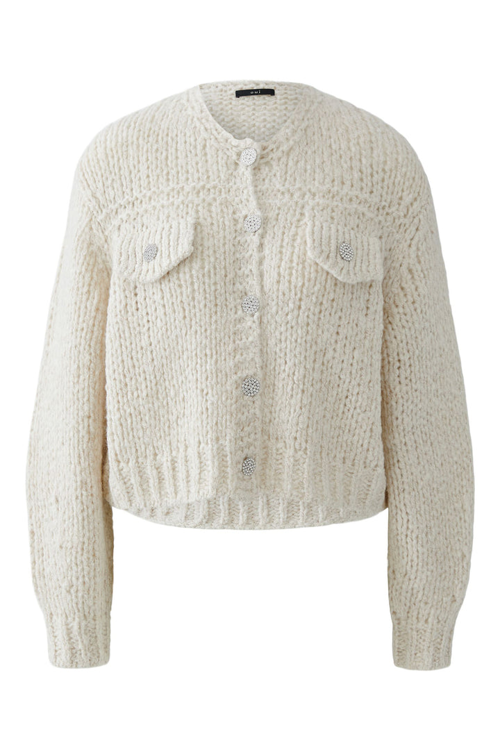 Knitted cardigan with two front pockets on a white background