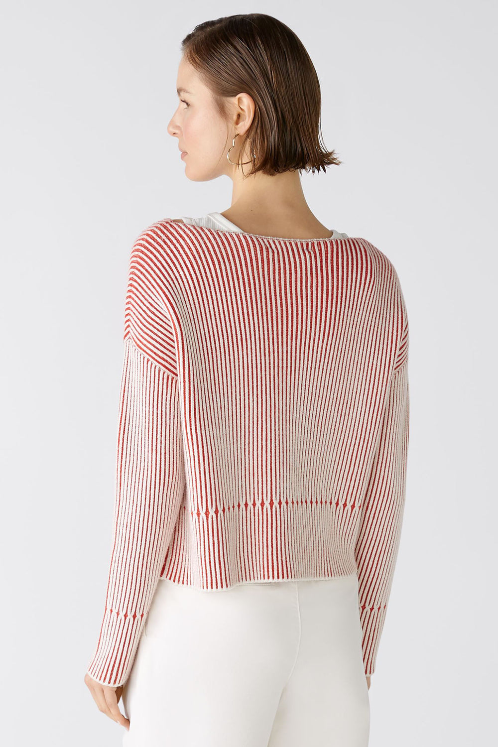 Oui 86626 Red White Wide Neck Ribbed Jumper - Olivia Grace Fashion
