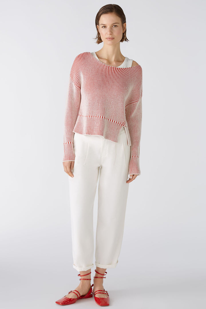 Oui 86626 Red White Wide Neck Ribbed Jumper - Olivia Grace Fashion