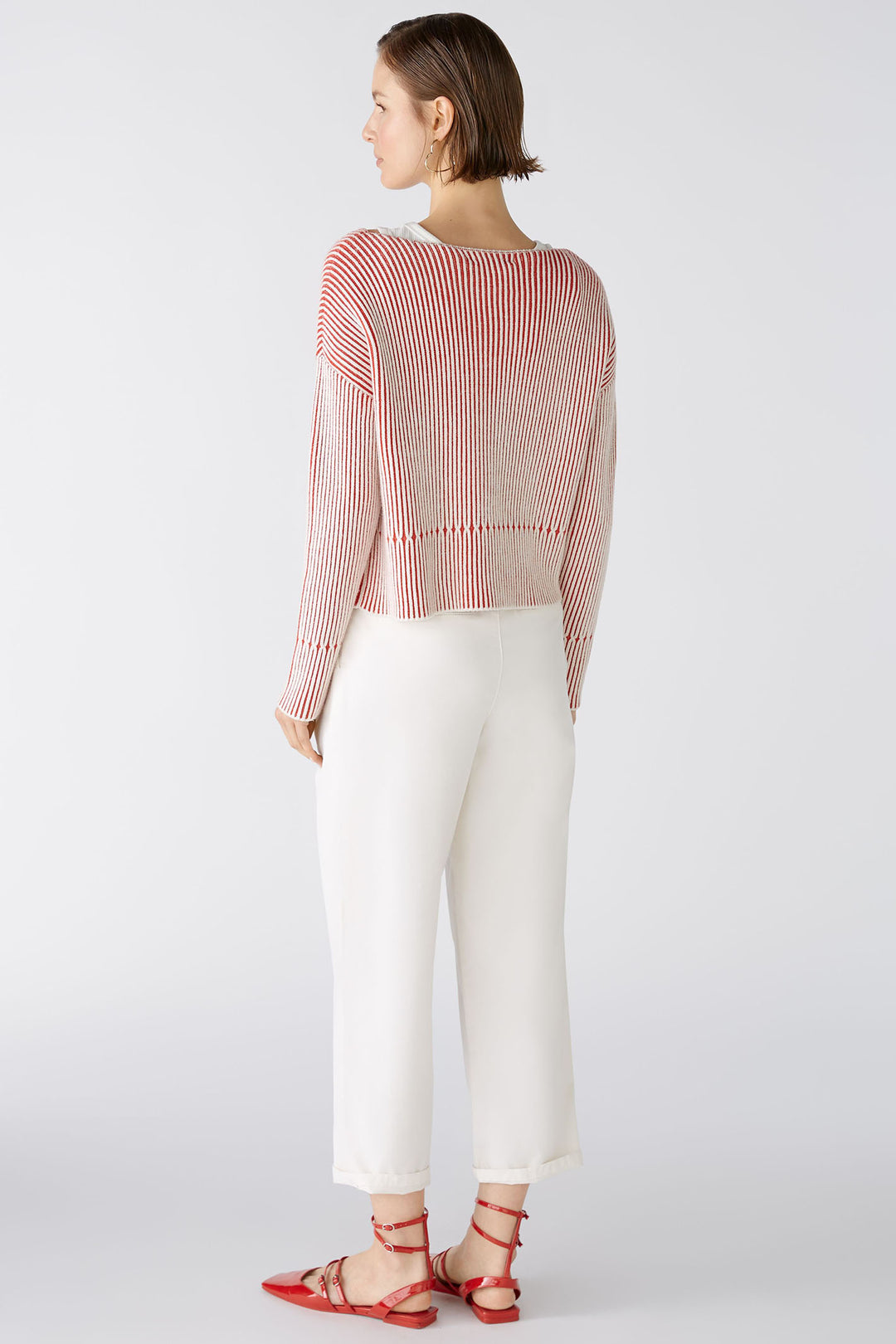 Oui 86626 Red White Wide Neck Ribbed Jumper - Olivia Grace Fashion
