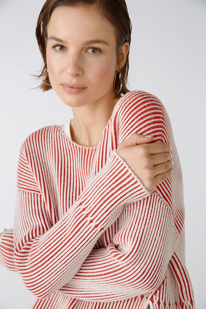 Oui 86626 Red White Wide Neck Ribbed Jumper - Olivia Grace Fashion