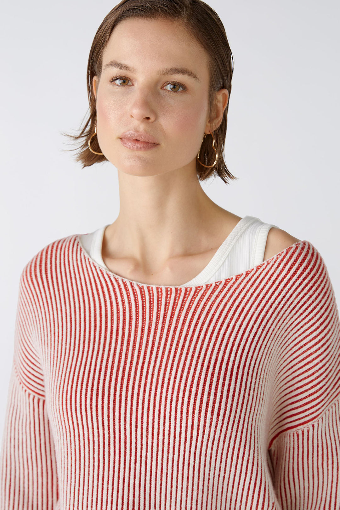 Oui 86626 Red White Wide Neck Ribbed Jumper - Olivia Grace Fashion