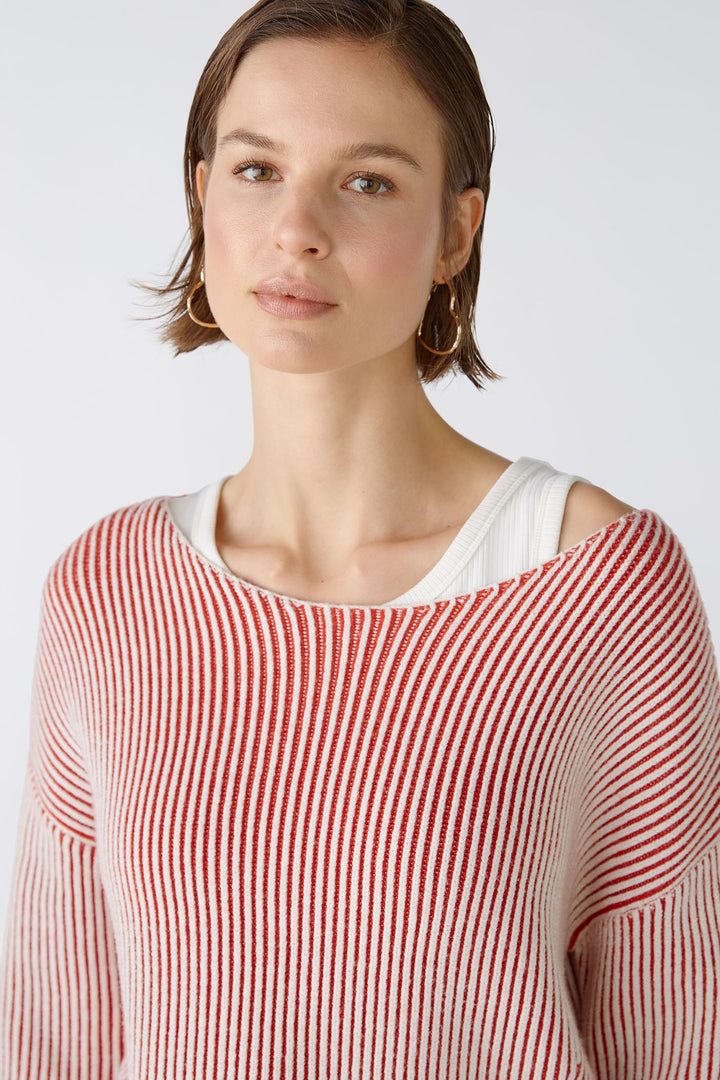 Oui 86626 Red White Wide Neck Ribbed Jumper - Olivia Grace Fashion