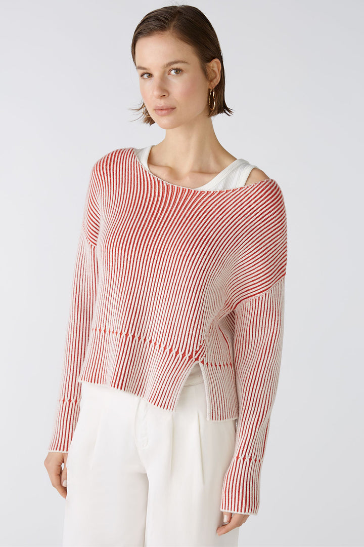 Oui 86626 Red White Wide Neck Ribbed Jumper - Olivia Grace Fashion