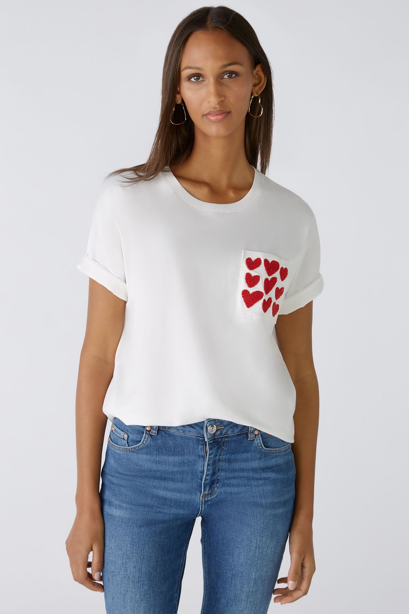 Oui 86759 White Cloud Dancer Red Heart Motif T-Shirt – Olivia