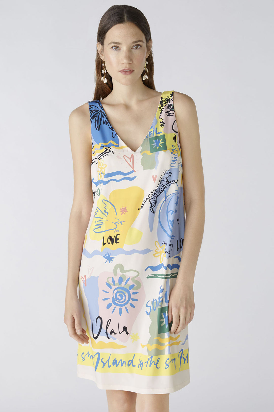 Oui 87319 Yellow Blue Summer Love Print Sleeveless Dress - Olivia Grace Fashion