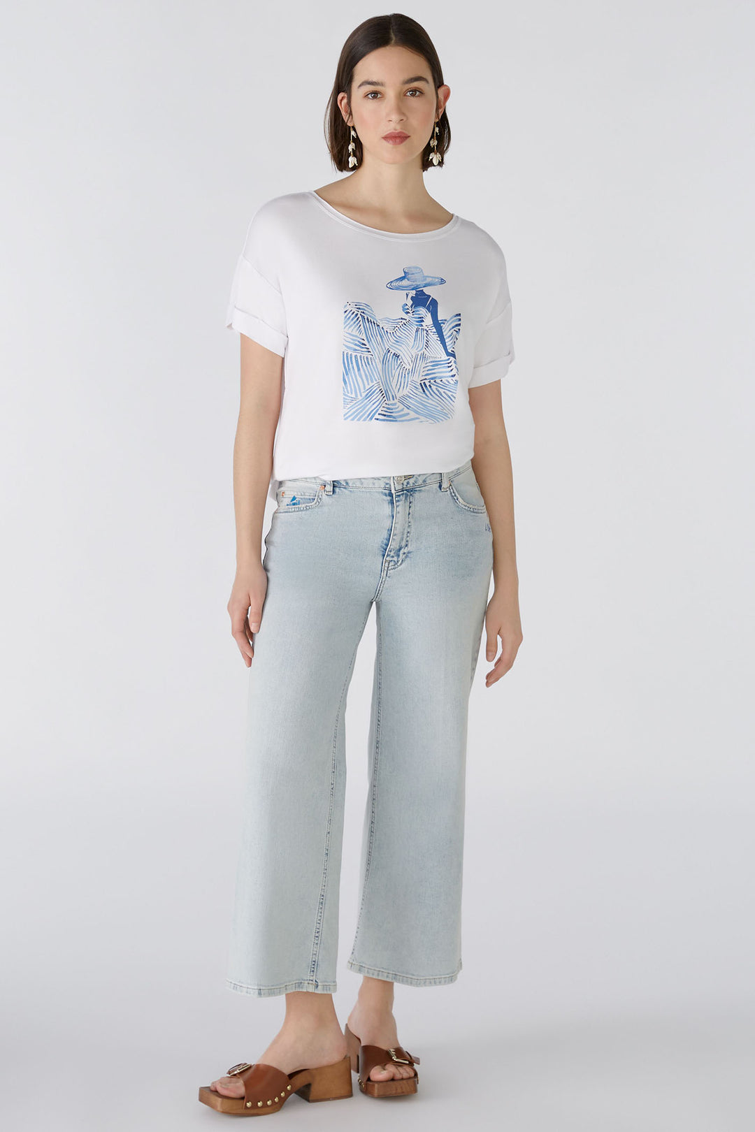 Oui 87384 Optic White Blue Fashionista Motif T-Shirt - Olivia Grace Fashion
