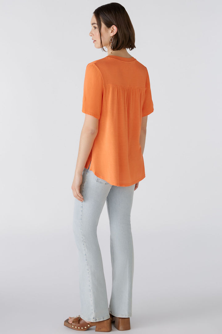 Oui 87502 Vermillion Orange Split Neck Short Sleeve Top - Olivia Grace Fashion