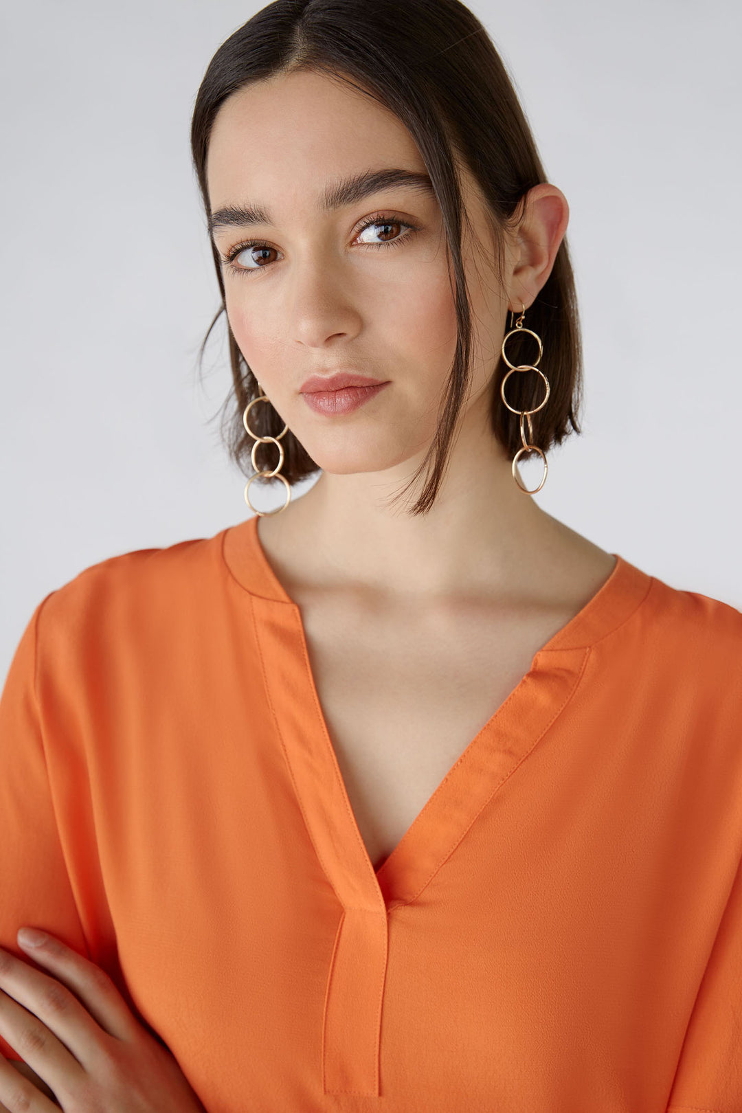 Oui 87502 Vermillion Orange Split Neck Short Sleeve Top - Olivia Grace Fashion