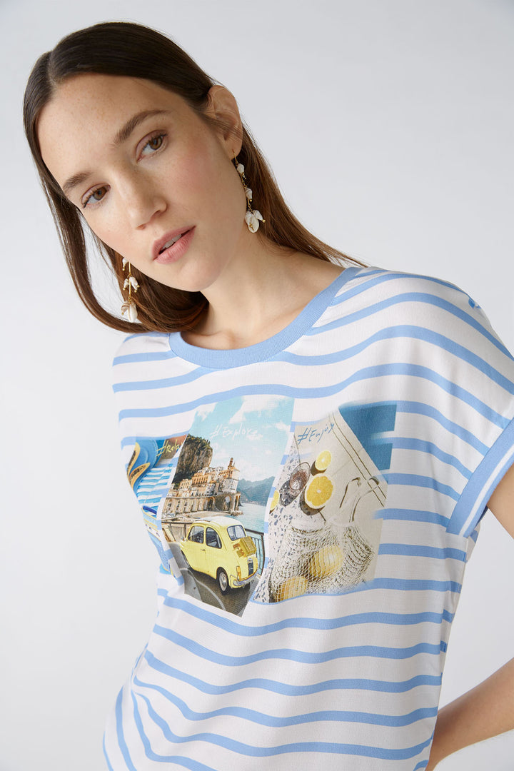 Oui 87504 Blue Offwhite Stripe Summer Roadtrip Print Top - Olivia Grace Fashion
