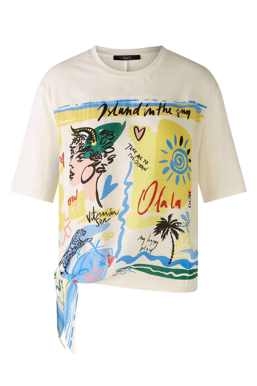 Oui 87506 White Cloud Dancer Summer Lover Print Knotted Top - Olivia Grace Fashion