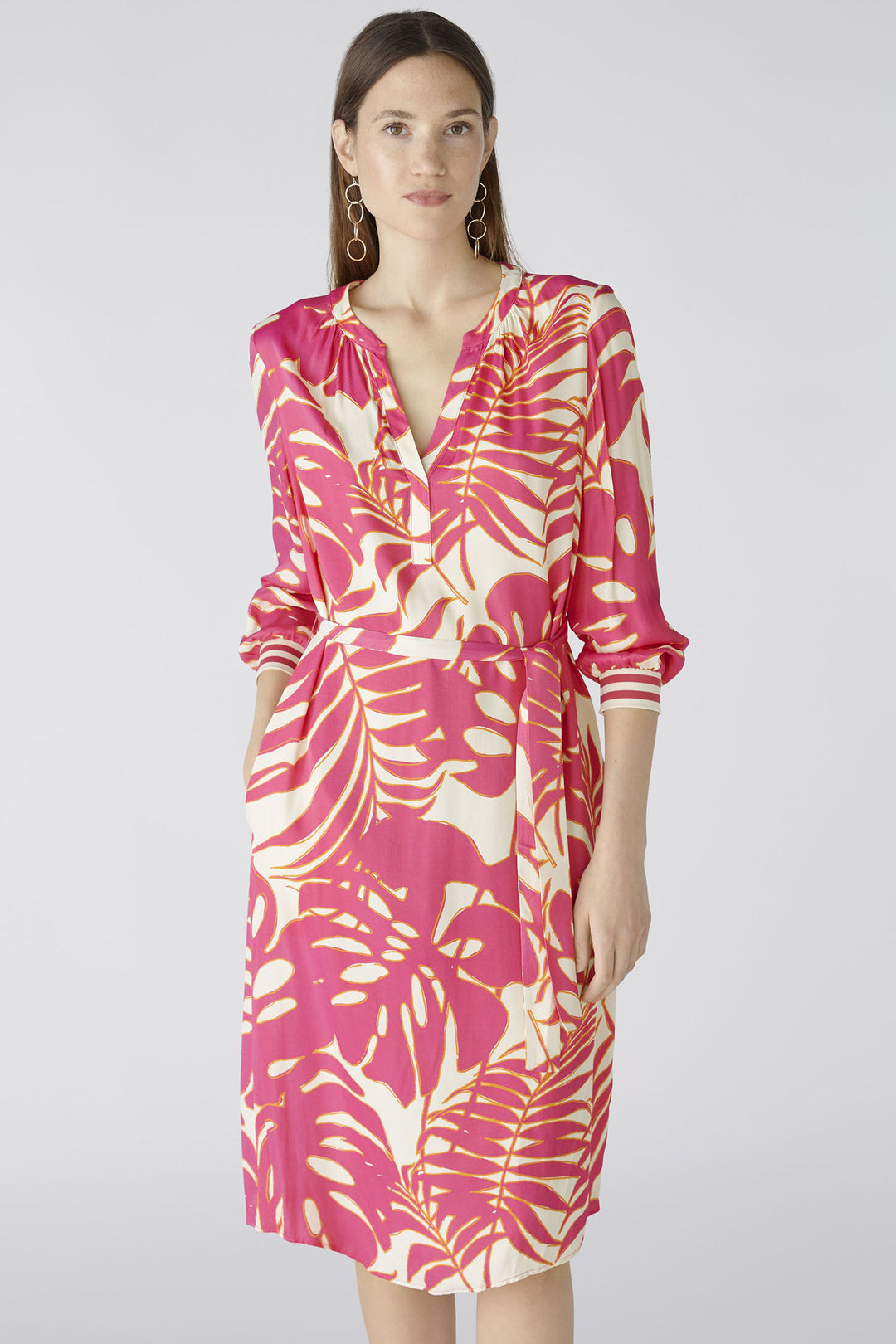 Oui 87550 Pink White Palm Print Dress With Sleeves - Olivia Grace Fashion