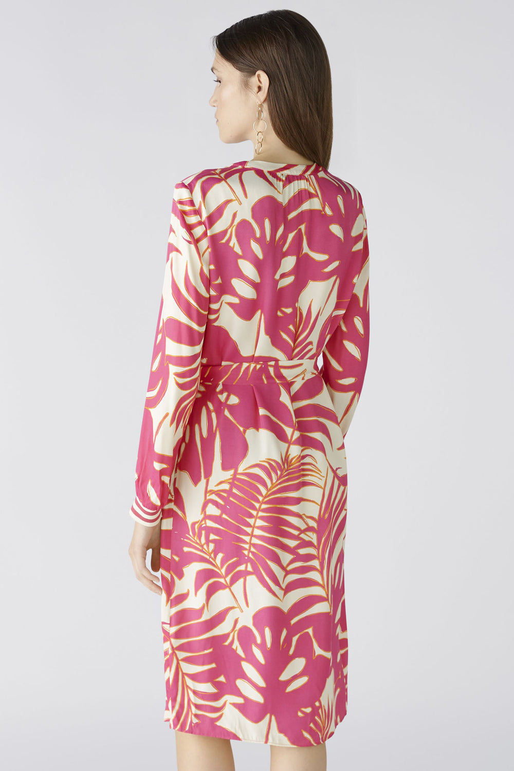 Oui 87550 Pink White Palm Print Dress With Sleeves - Olivia Grace Fashion