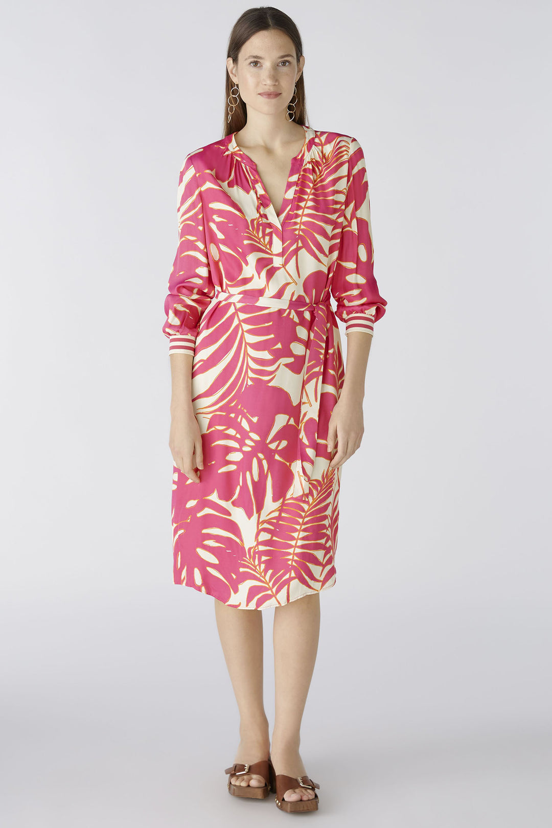 Oui 87550 Pink White Palm Print Dress With Sleeves - Olivia Grace Fashion