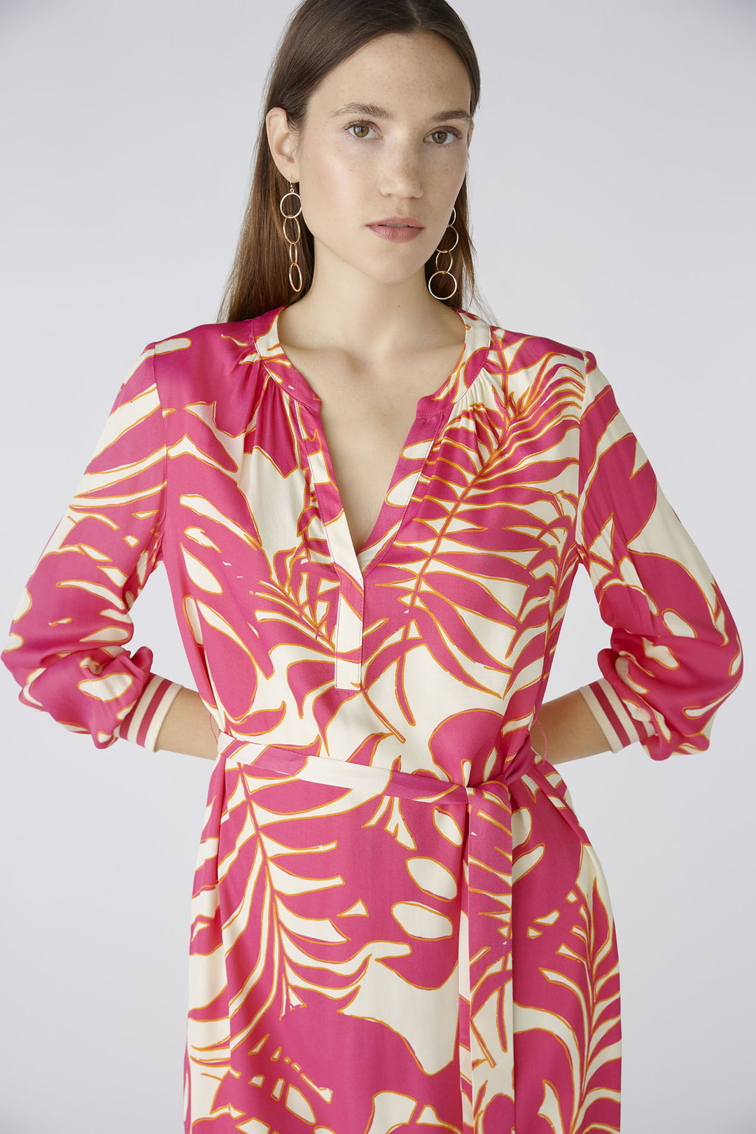 Oui 87550 Pink White Palm Print Dress With Sleeves - Olivia Grace Fashion