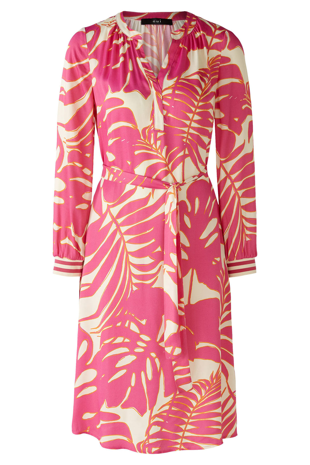 Oui 87550 Pink White Palm Print Dress With Sleeves - Olivia Grace Fashion