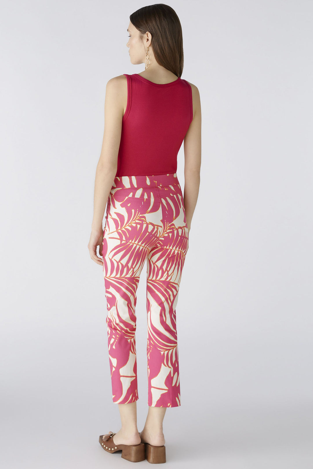 Oui 87578 Pink White Palm Print Pull-On Trousers - Olivia Grace Fashion