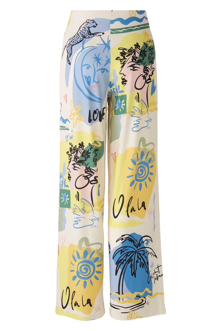 Oui 87582 Yellow Blue Marlene Summer Love Print Pull-On Trousers - Olivia Grace Fashion
