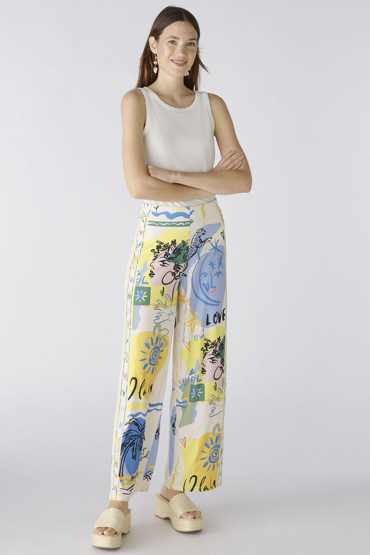 Oui 87582 Yellow Blue Marlene Summer Love Print Pull-On Trousers - Olivia Grace Fashion