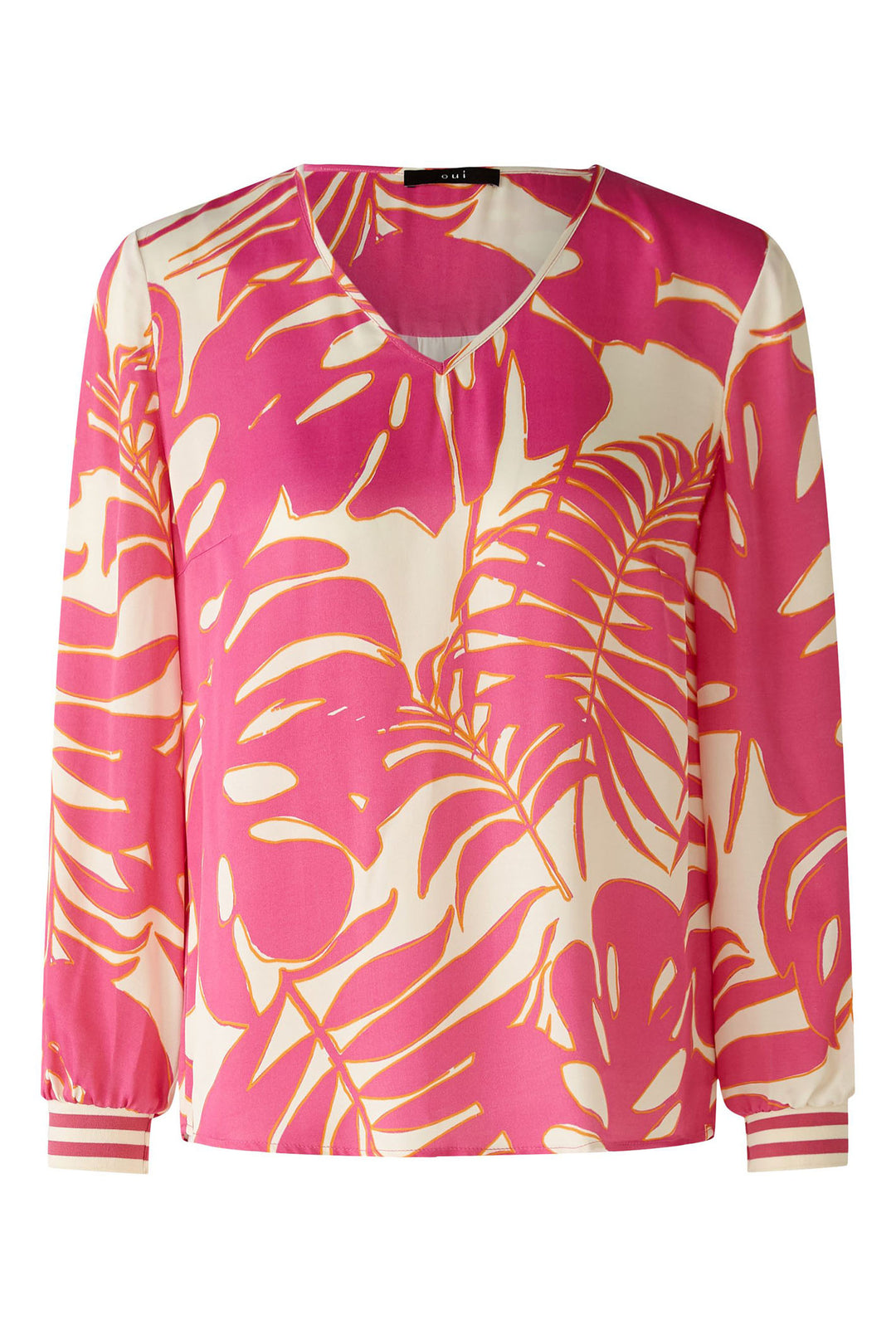 Oui 87616 Pink White Palm Print V-Neck Blouse - Olivia Grace Fashion