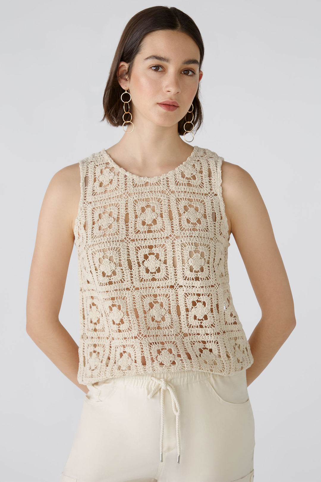 Oui 87909 Sandshell Beige Crochet Style Sleeveless Top - Olivia Grace Fashion