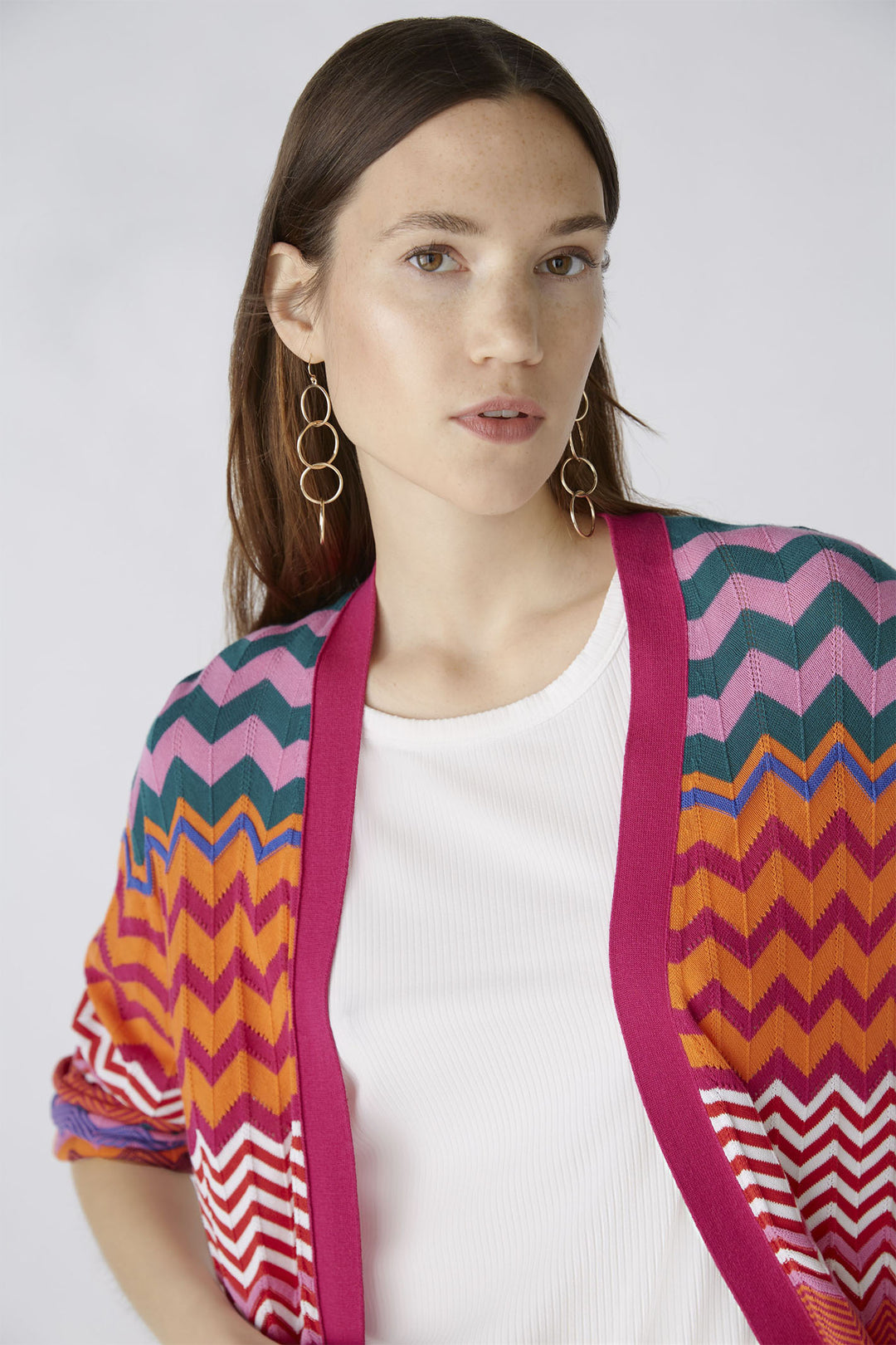 Oui 87926 Pink Multicolour ZigZag Long Knitted Cardigan - Olivia Grace Fashion