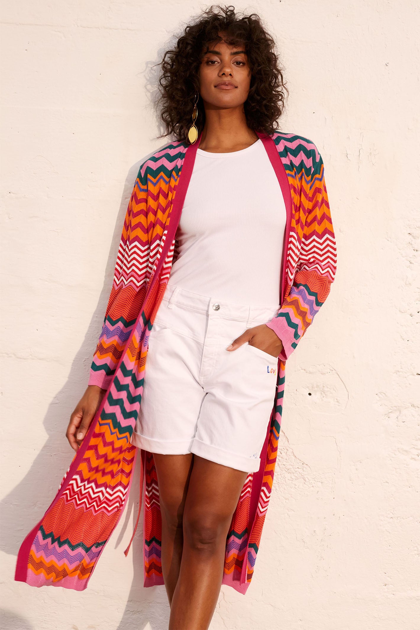 Oui 87926 Pink Multicolour ZigZag Long Knitted Cardigan – Olivia