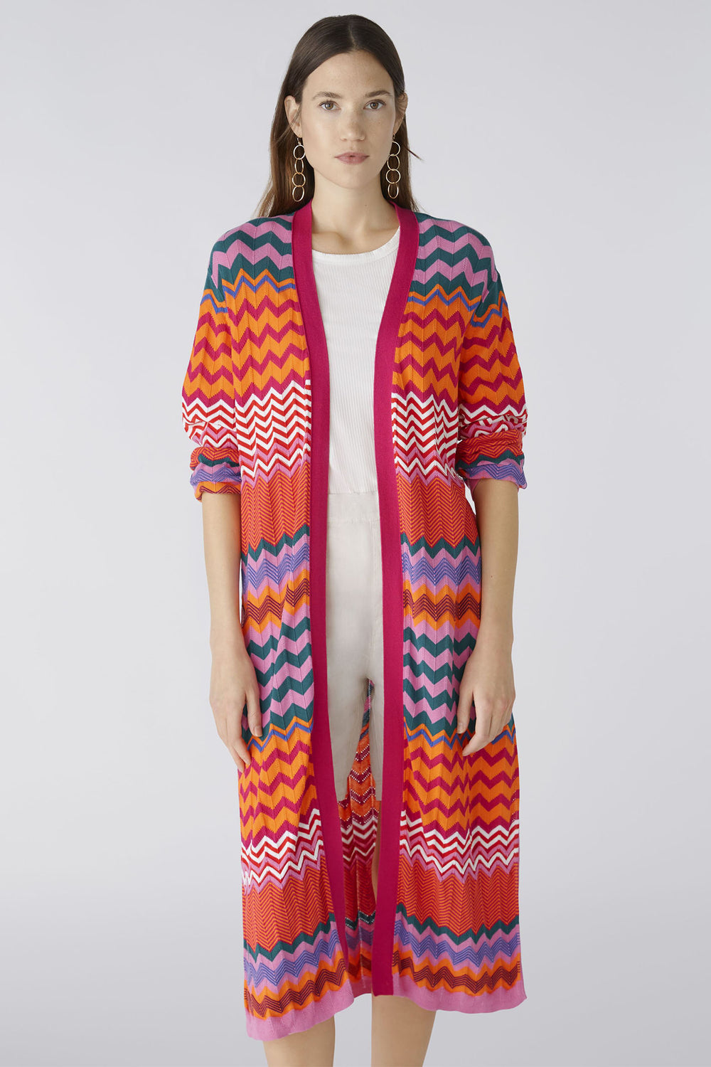 Oui 87926 Pink Multicolour ZigZag Long Knitted Cardigan - Olivia Grace Fashion