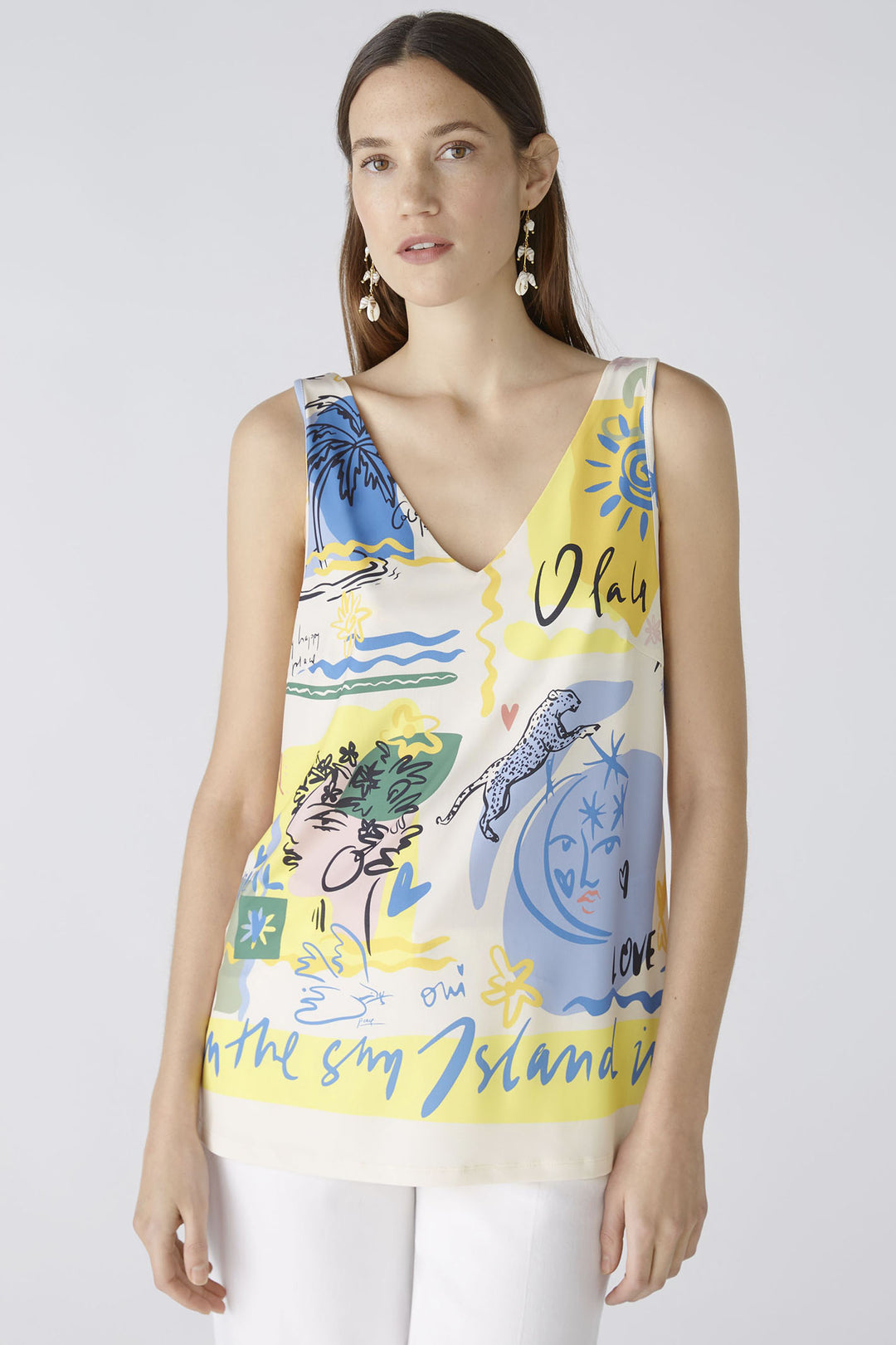 Oui 88013 Yellow Blue Summer Love Print Sleeveless Vest Top - Olivia Grace Fashion