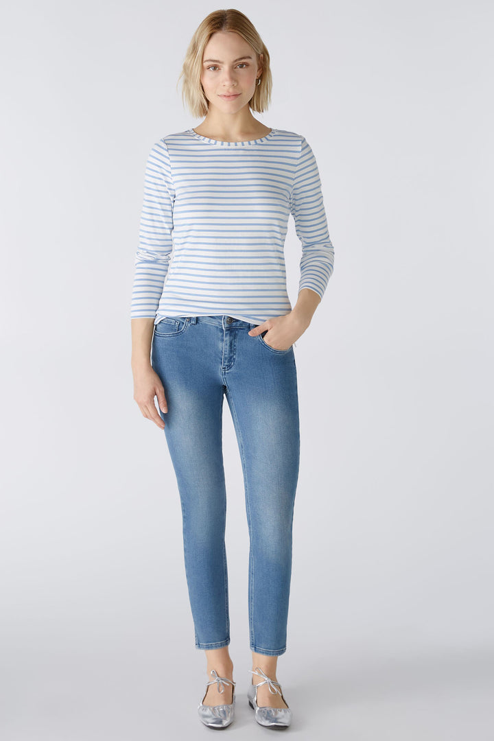 Oui 88220 White & Blue Striped Round Neck Long Sleeve Top - Olivia Grace Fashion