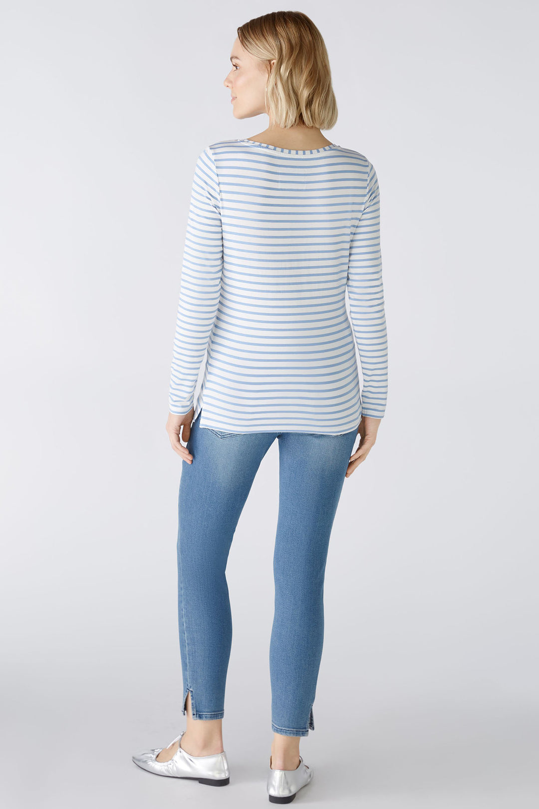 Oui 88220 White & Blue Striped Round Neck Long Sleeve Top - Olivia Grace Fashion