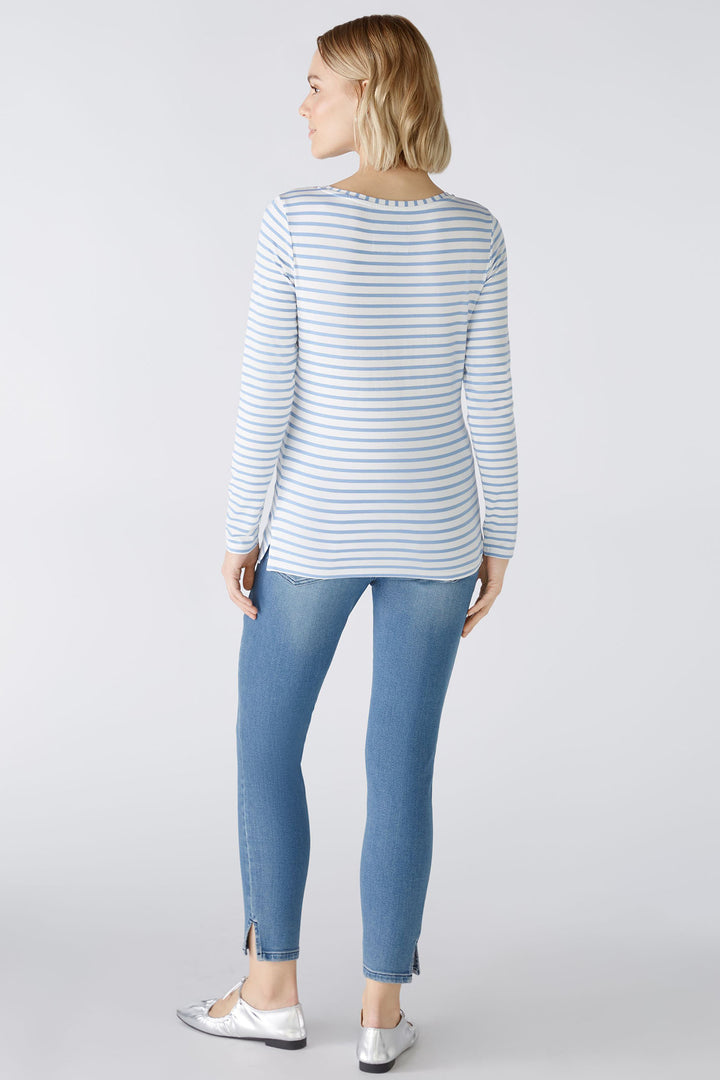Oui 88220 White & Blue Striped Round Neck Long Sleeve Top - Olivia Grace Fashion