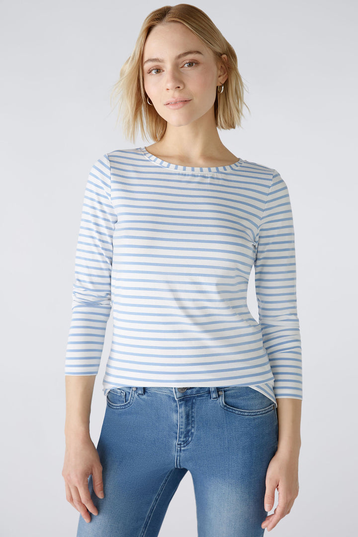 Oui 88220 White & Blue Striped Round Neck Long Sleeve Top - Olivia Grace Fashion