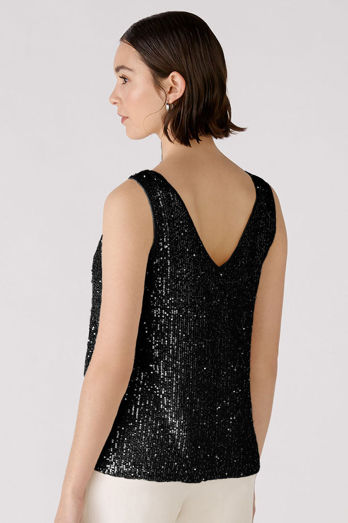 Oui 88306 Off Black Sequin Vest Top - Olivia Grace Fashion