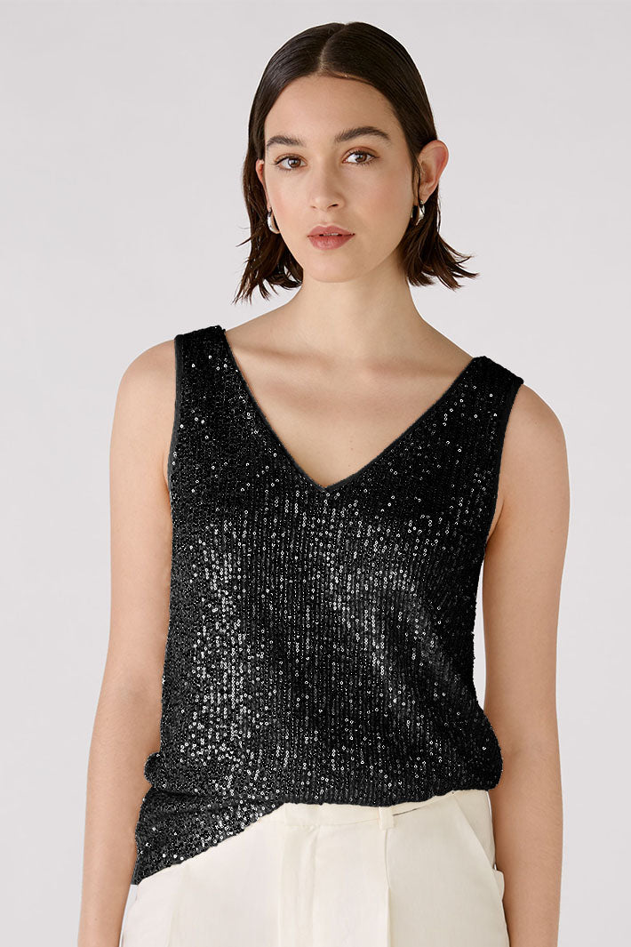 Oui 88306 Off Black Sequin Vest Top - Olivia Grace Fashion