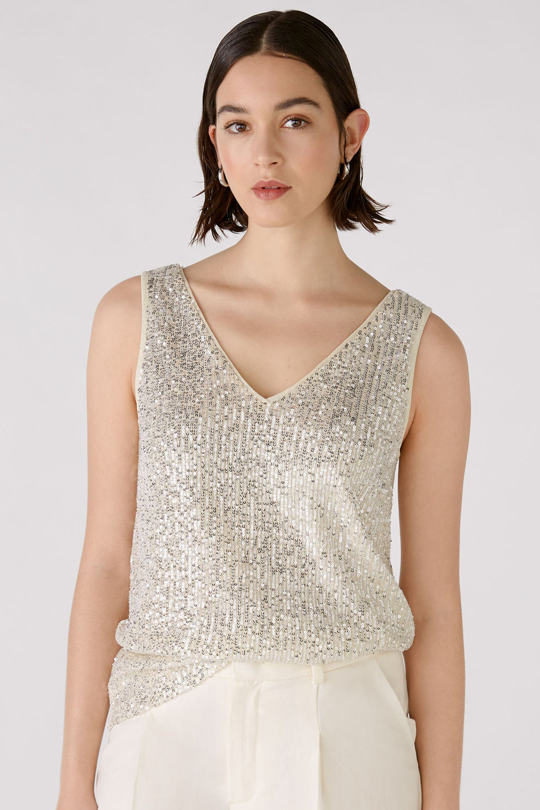 Silver Sequin Tank Womens Sparkly Vest Tops Oui 88306 Off White