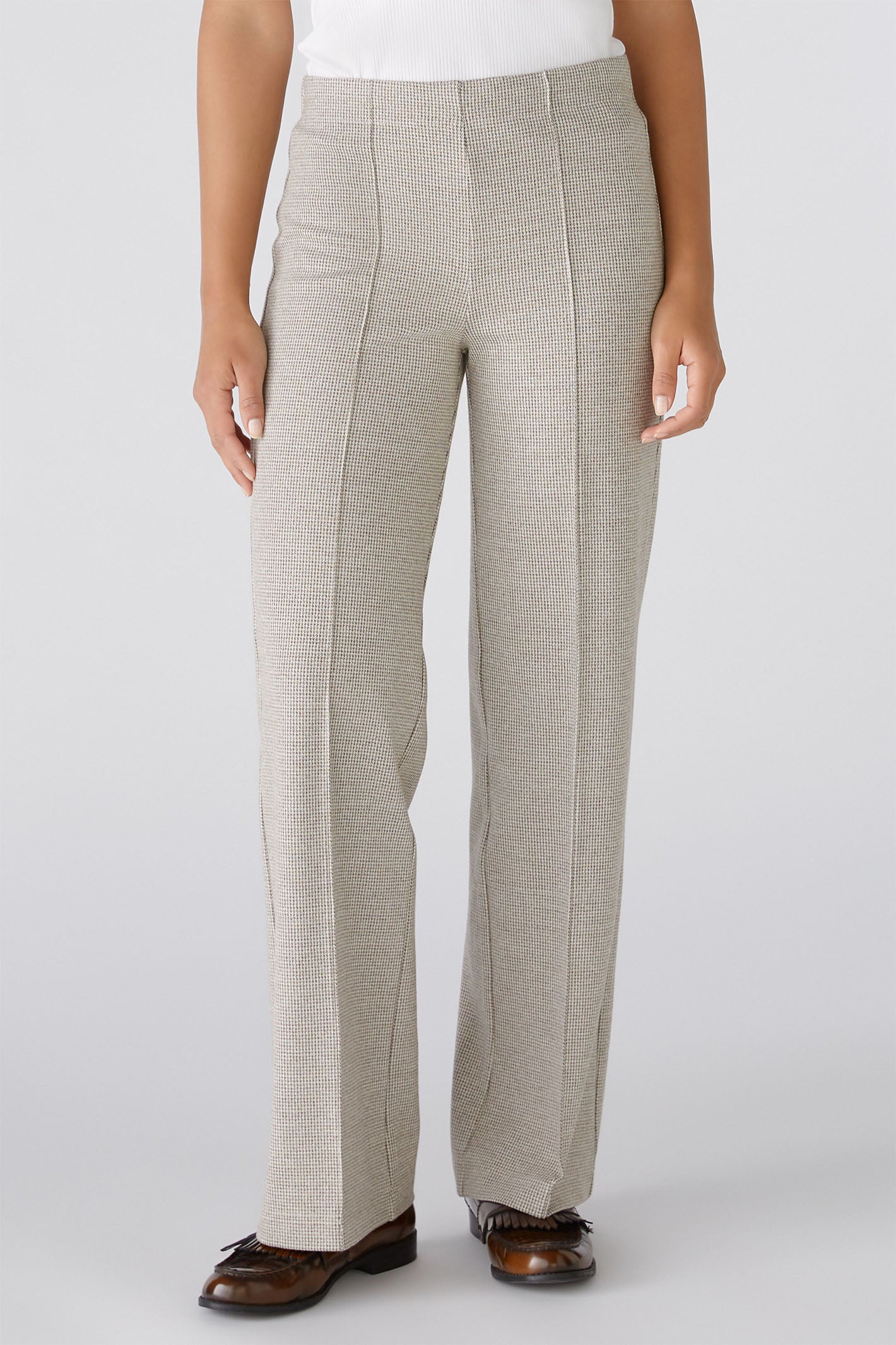 Oui 88767 Trousers Brown Off White Houndstooth Straight Leg – Olivia ...