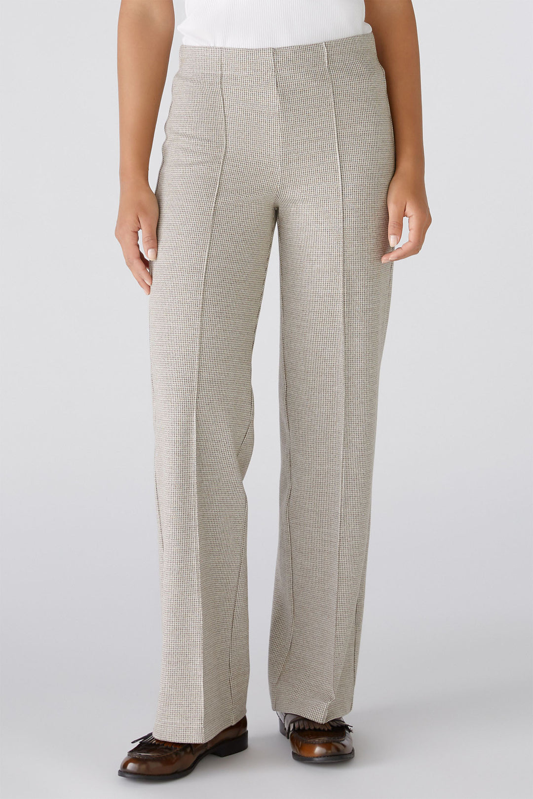 Oui 88767 Trousers Brown Off White Houndstooth Straight Leg