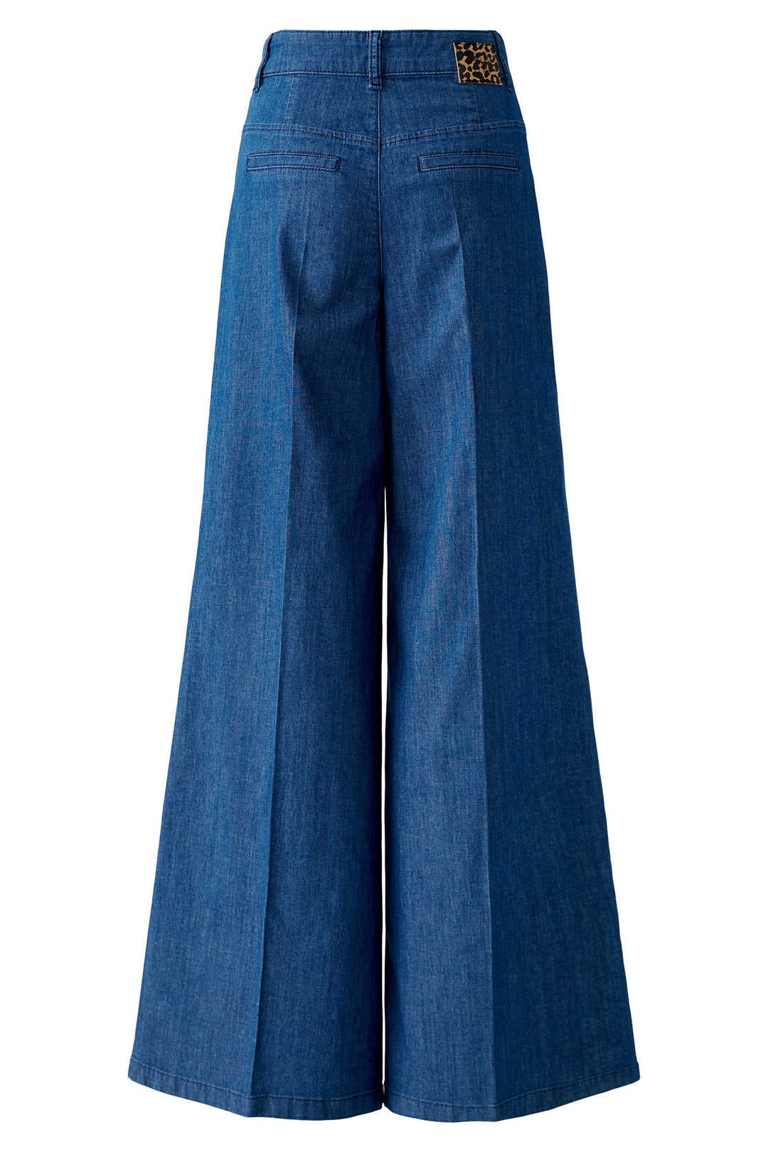 Blue denim wide-leg pants on a white background