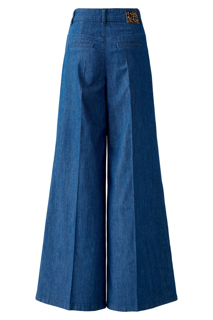 Blue denim wide-leg pants on a white background
