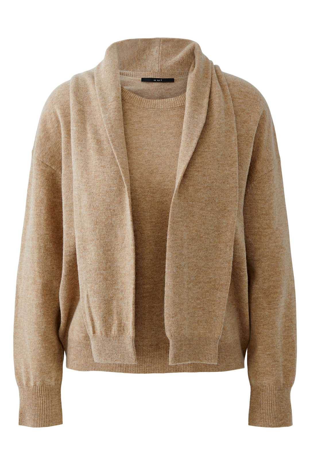 Oui 92244 Beige Melange Scarf Neck Jumper 7459 - Olivia Grace Fashion